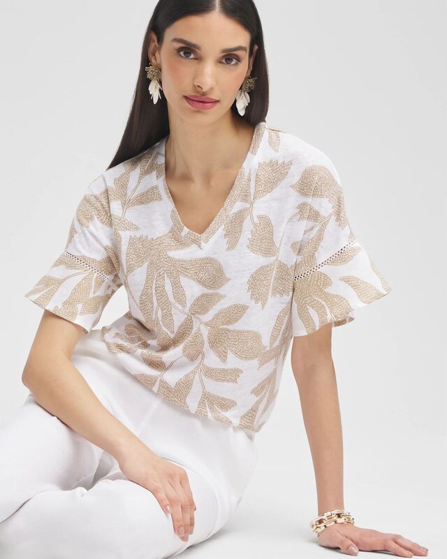 Leaves Linen Blend Flutter Sleeve Top - image 2